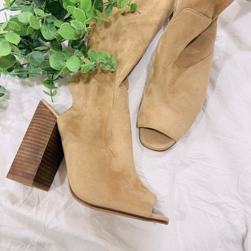 Over knee high also leather stretchy comfy peep toe boots
